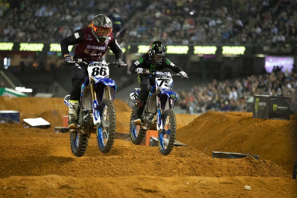 #75 Josh Hill (Yamaha) during heat races at Round 5 2019 Australian Supercross Championship in Melbourne on November 30 2019<br /> Photo: Marc Jones Photography<br /> Marc Jones/Foremist Media<br /> Photo information<br /> Canon EOS-1D X Mark II<br /> Canon EF 70-200mm f/2.8L IS II USM<br /> 2.8<br /> 1/1250<br /> 3200<br /> 30NOV19 6:18:46 pm