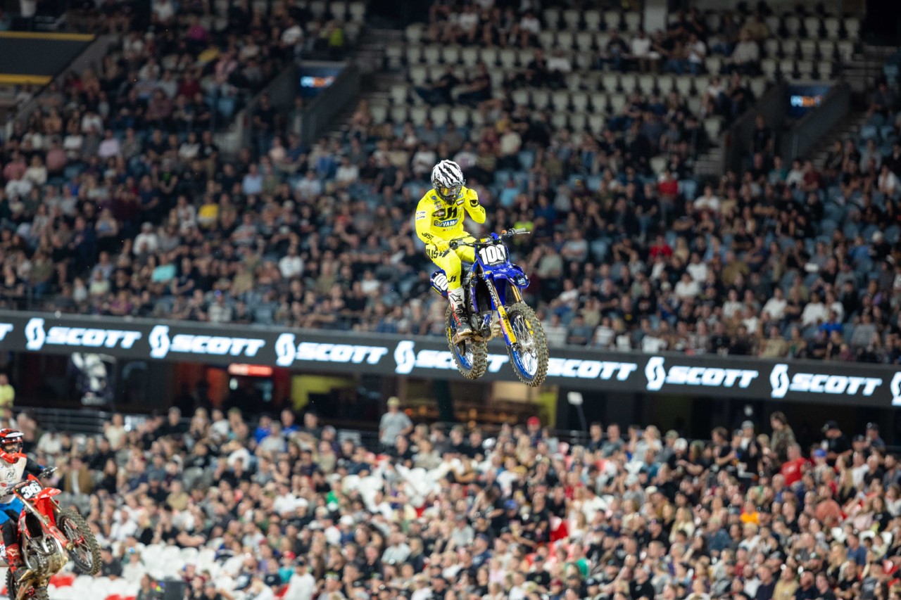 #100 Jy Roberts (WBR Yamaha) at Round 1 Australian Supercross Championship, Marvel Stadium in Melbourne, Victoria.<br /> Shot by Marc Jones Photography.<br /> Image Details<br /> Camera: Canon Canon EOS R3<br /> Lens: Canon EF 300mm f/2.8L IS II USM<br /> f 2.8<br /> 1/1600 sec<br /> ISO 3200<br /> Credit: Marc Jones<br /> Date: 21 October 2022