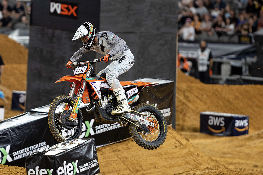 #199 Nathan Crawford (KTM) at Round 1 Australian Supercross Championship, Marvel Stadium in Melbourne, Victoria.<br /> Shot by Marc Jones Photography.<br /> Image Details<br /> Camera: Canon Canon EOS R3<br /> Lens: Canon EF 300mm f/2.8L IS II USM<br /> f 2.8<br /> 1/1600 sec<br /> ISO 1600<br /> Credit: Marc Jones<br /> Date: 21 October 2022