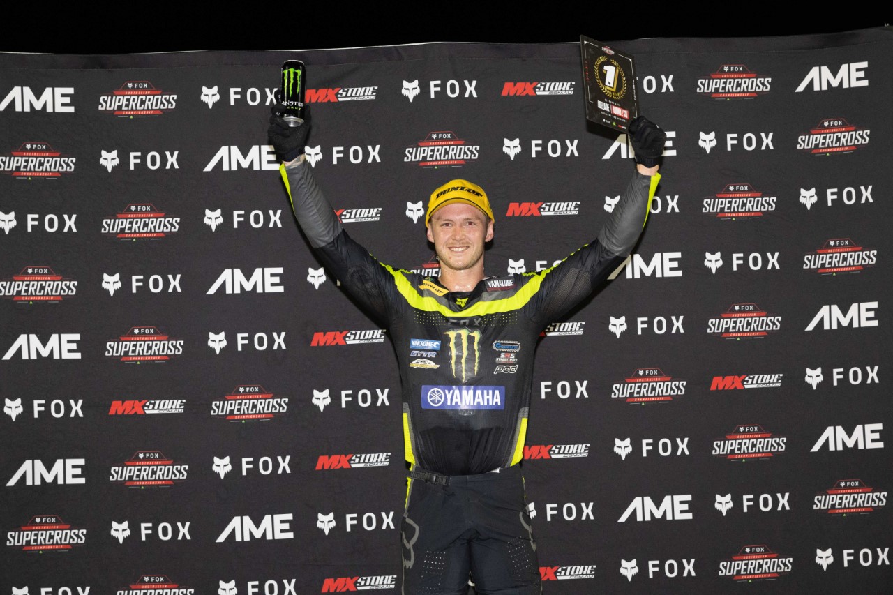 Podium at Round 2 Australian Supercross Championship, Adelaide Showgrounds in Adelaide, South Australia.<br /> Shot by Marc Jones Photography.<br /> Image Details<br /> Camera: Canon Canon EOS R3<br /> Lens: Canon RF 24-70mm F2.8L IS USM<br /> f 5.6<br /> 1/180 sec<br /> ISO 6400<br /> Credit: Marc Jones<br /> Date: 29 October 2022