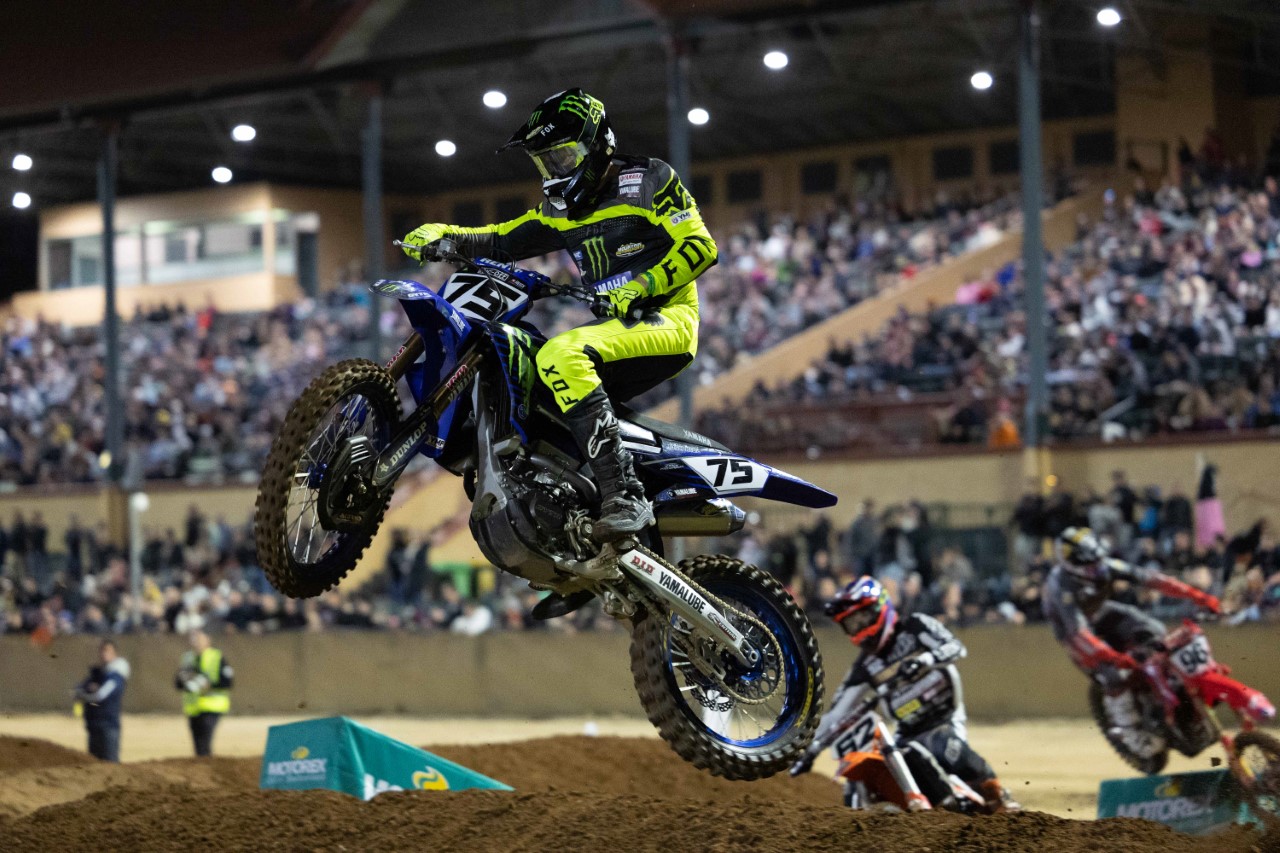 #75 Josh Hill (Yamaha) at Round 2 Australian Supercross Championship, Adelaide Showgrounds in Adelaide, South Australia.<br /> Shot by Marc Jones Photography.<br /> Image Details<br /> Camera: Canon Canon EOS R3<br /> Lens: Canon RF 70-200mm F2.8L IS USM<br /> f 2.8<br /> 1/800 sec<br /> ISO 12800<br /> Credit: Marc Jones<br /> Date: 29 October 2022